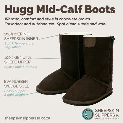Hugg Boots | Mid-Calf | Chocolate | Sheepskin & Suede Boots | MADE TO ORDER