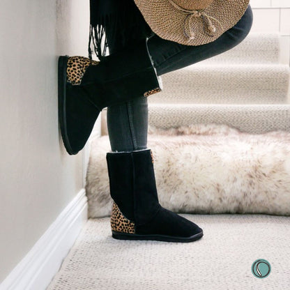 Hugg Boots | Mid-Calf | Black & Cheetah | Sheepskin & Suede Boots | MADE TO ORDER