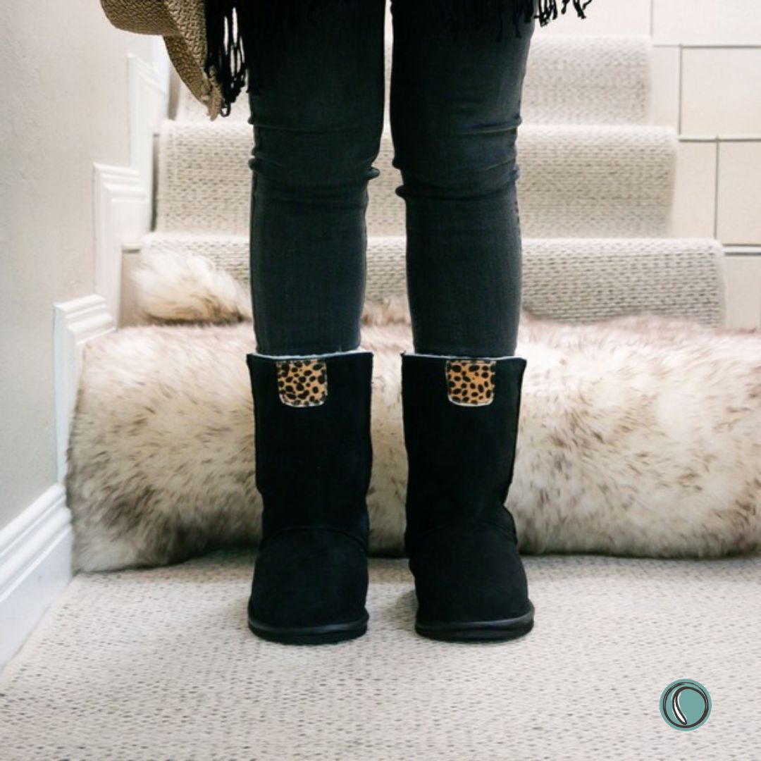 Hugg Boots | Mid-Calf | Black & Cheetah | Sheepskin & Suede Boots | MADE TO ORDER