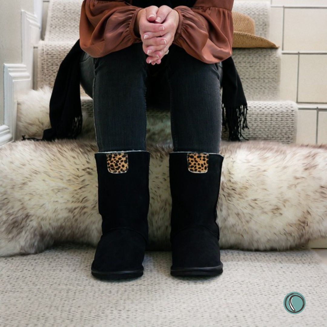 Hugg Boots | Mid-Calf | Black & Cheetah | Sheepskin & Suede Boots | MADE TO ORDER