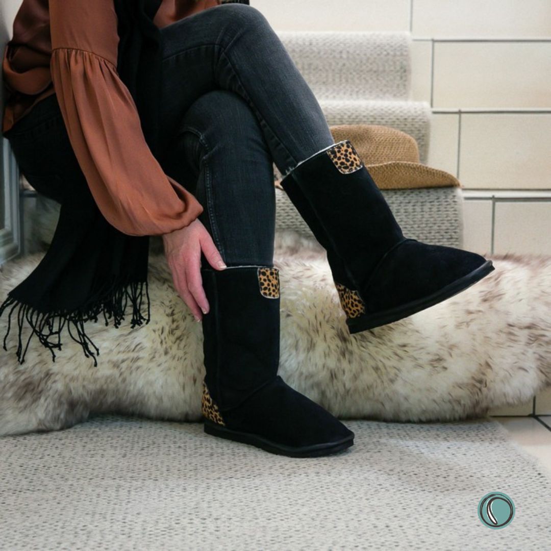 Hugg Boots | Mid-Calf | Black & Cheetah | Sheepskin & Suede Boots | MADE TO ORDER