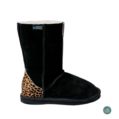 Hugg Boots | Mid-Calf | Black & Cheetah | Sheepskin & Suede Boots | MADE TO ORDER