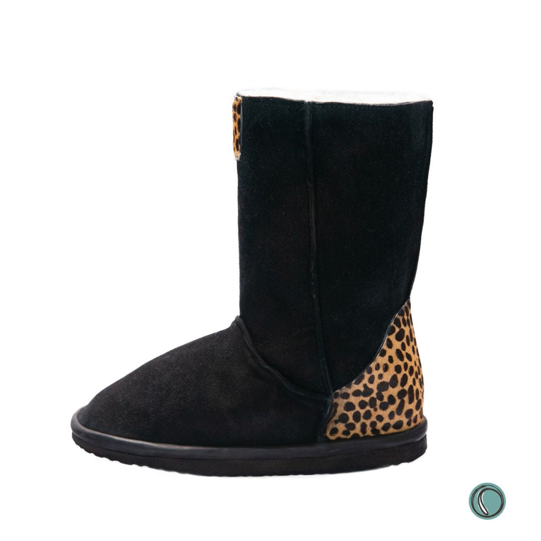 Hugg Boots | Mid-Calf | Black & Cheetah | Sheepskin & Suede Boots | MADE TO ORDER