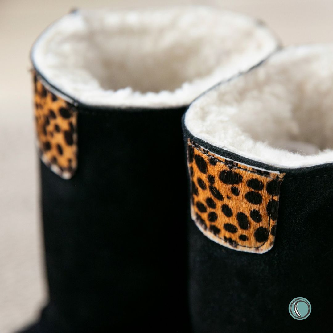 Hugg Boots | Mid-Calf | Black & Cheetah | Sheepskin & Suede Boots | MADE TO ORDER