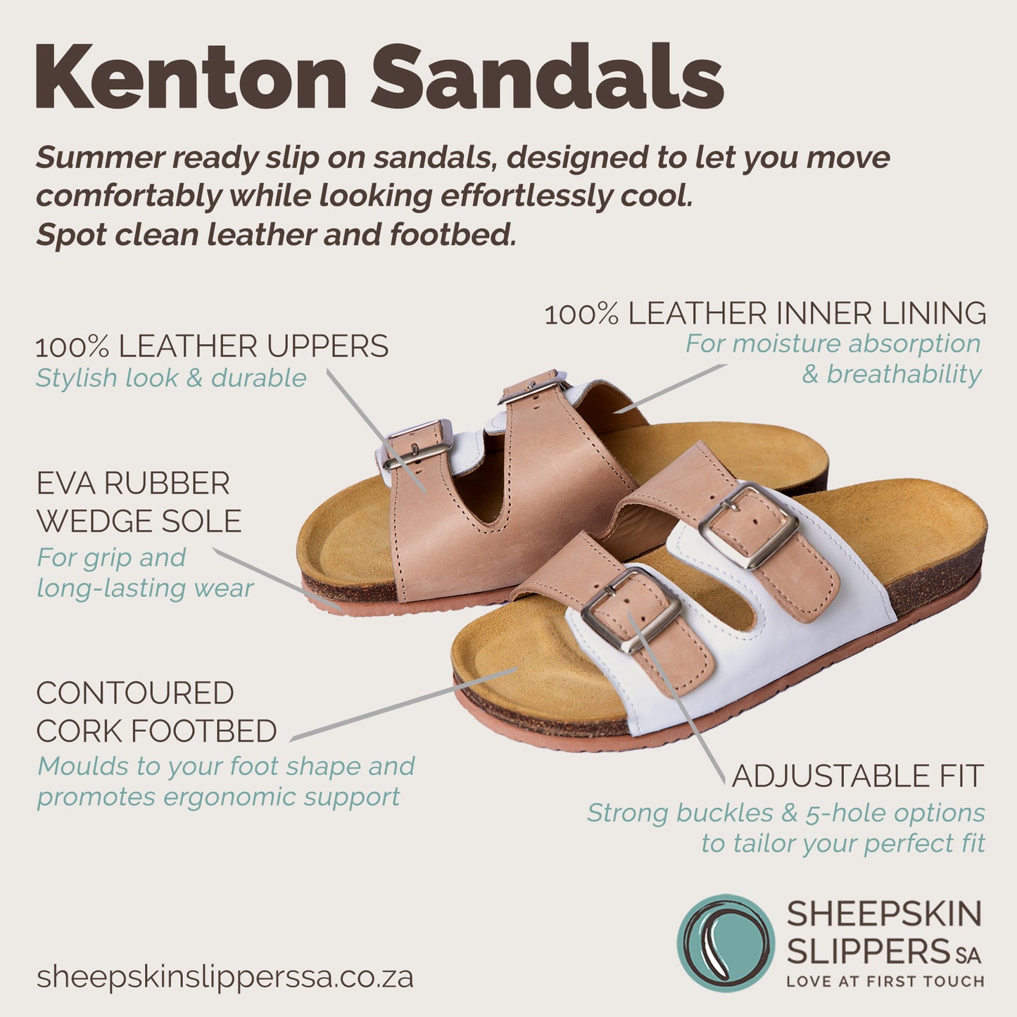 Kenton Sandals | Beige & White | Slip-On | Leather, Cork, Buckles | Adjustable Straps | MADE TO ORDER