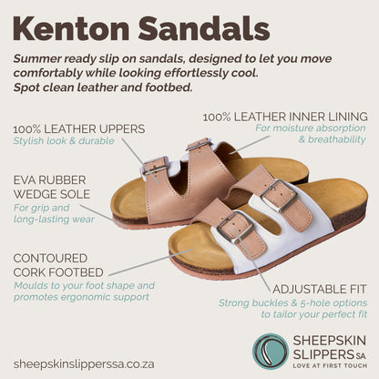 Kenton Sandals | Beige & White | Slip-On | Leather, Cork, Buckles | Adjustable Straps | MADE TO ORDER