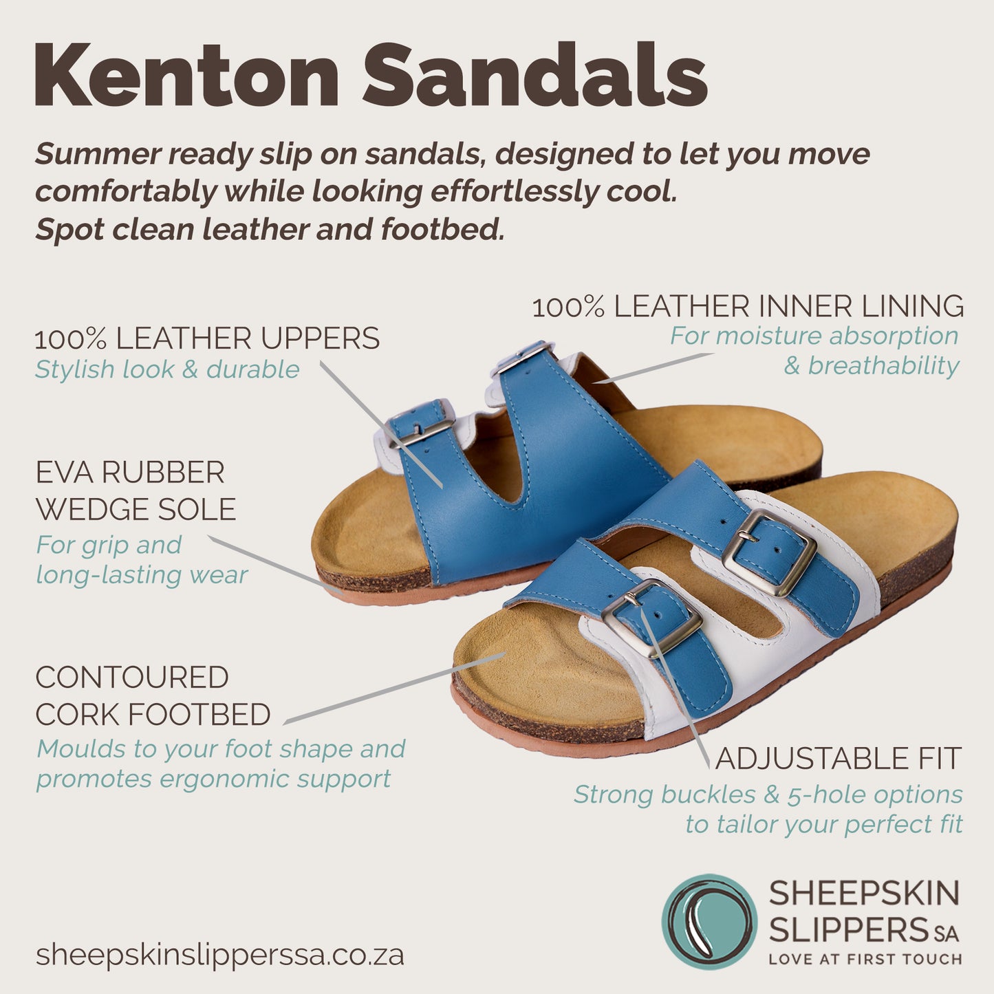Kenton Sandals | Blue & White | Slip-On | Leather, Cork, Buckles | Adjustable Straps | MADE TO ORDER
