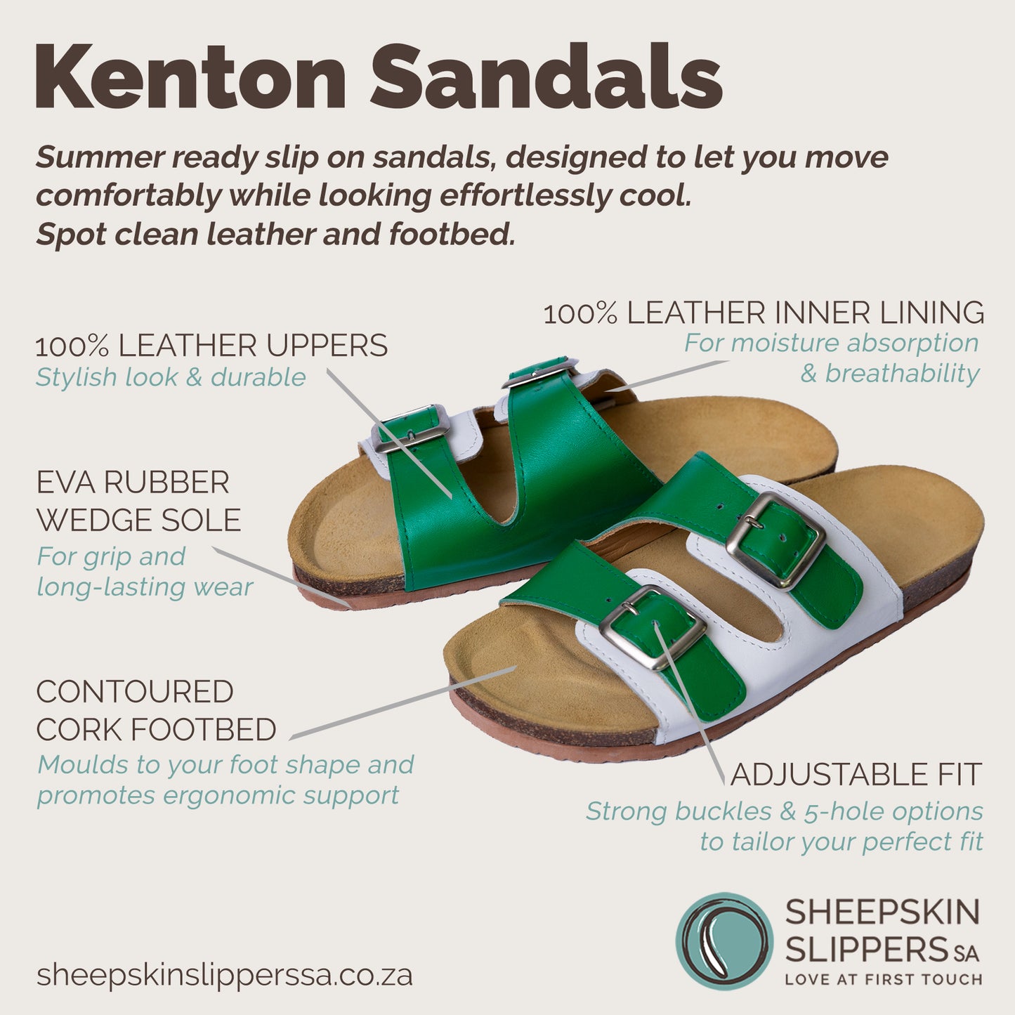 Kenton Sandals | Green & White | Slip-On | Leather, Cork, Buckles | Adjustable Straps | MADE TO ORDER