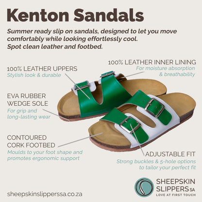 Kenton Sandals | Green & White | Slip-On | Leather, Cork, Buckles | Adjustable Straps | MADE TO ORDER