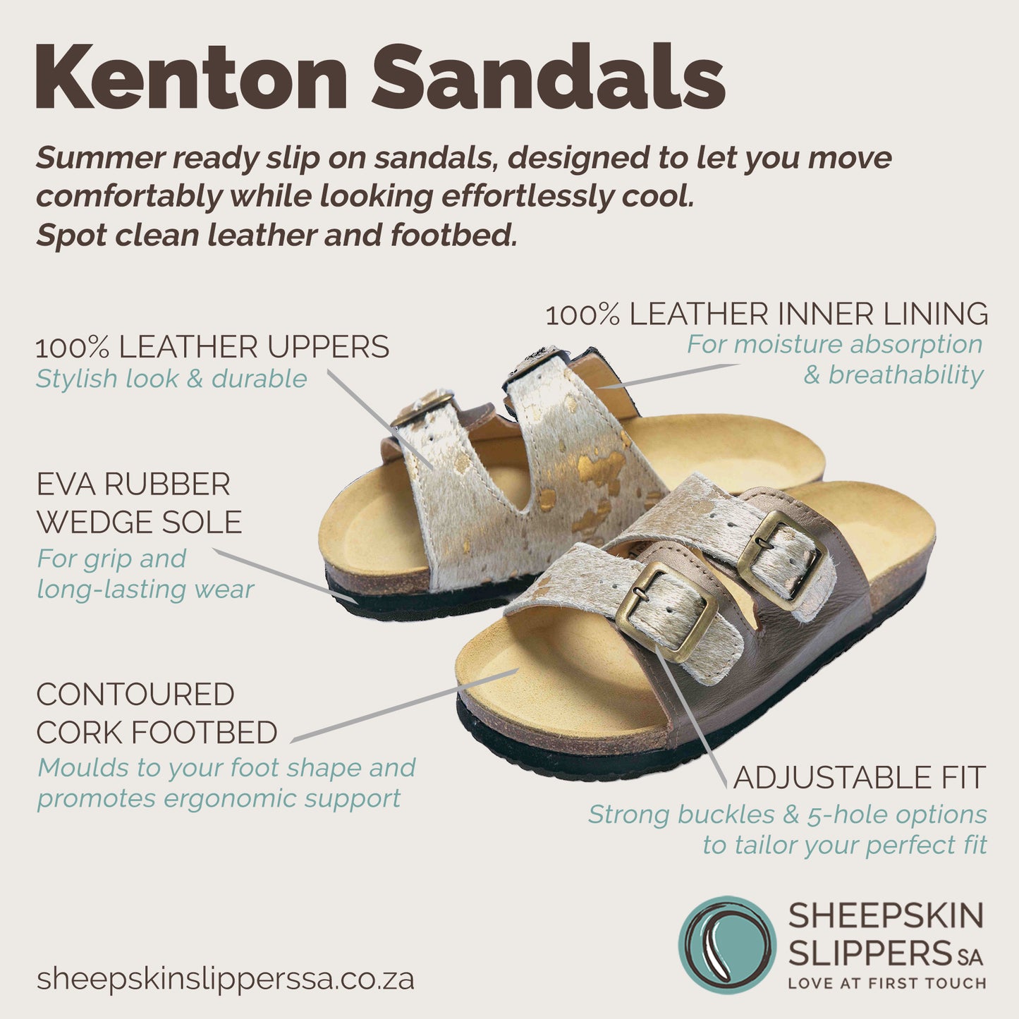 Kenton Sandals | Metallic Gold | Slip-On | Leather, Cork, Buckles | Adjustable Straps | MADE TO ORDER