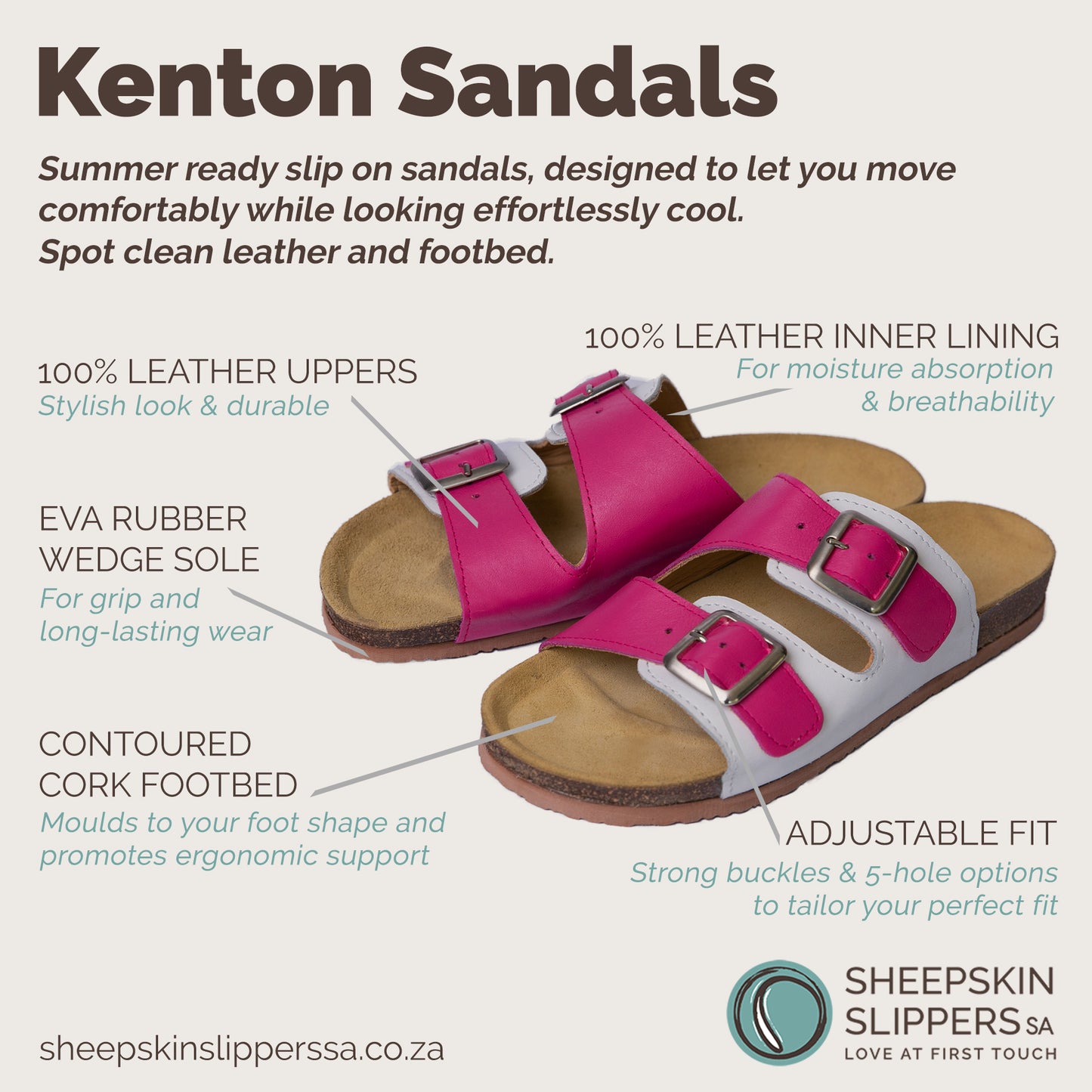 Kenton Sandals | Pink & White | Slip-On | Leather, Cork, Buckles | Adjustable Straps | MADE TO ORDER