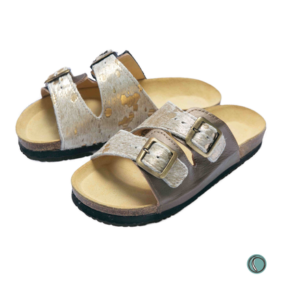 Kenton Sandals | Metallic Gold | Slip-On | Leather, Cork, Buckles | Adjustable Straps | MADE TO ORDER