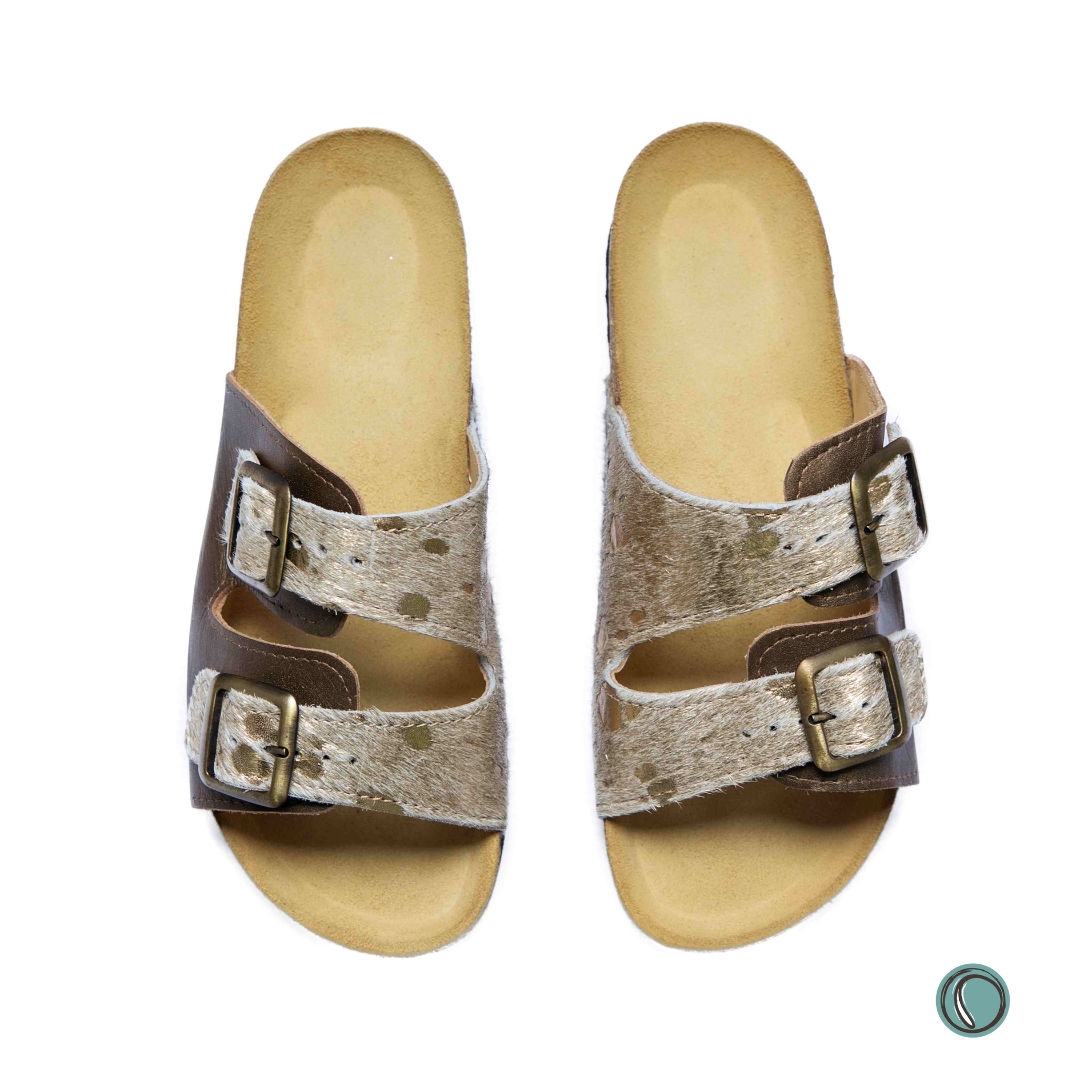 Kenton Sandals | Metallic Gold | Slip-On | Leather, Cork, Buckles | Adjustable Straps | MADE TO ORDER
