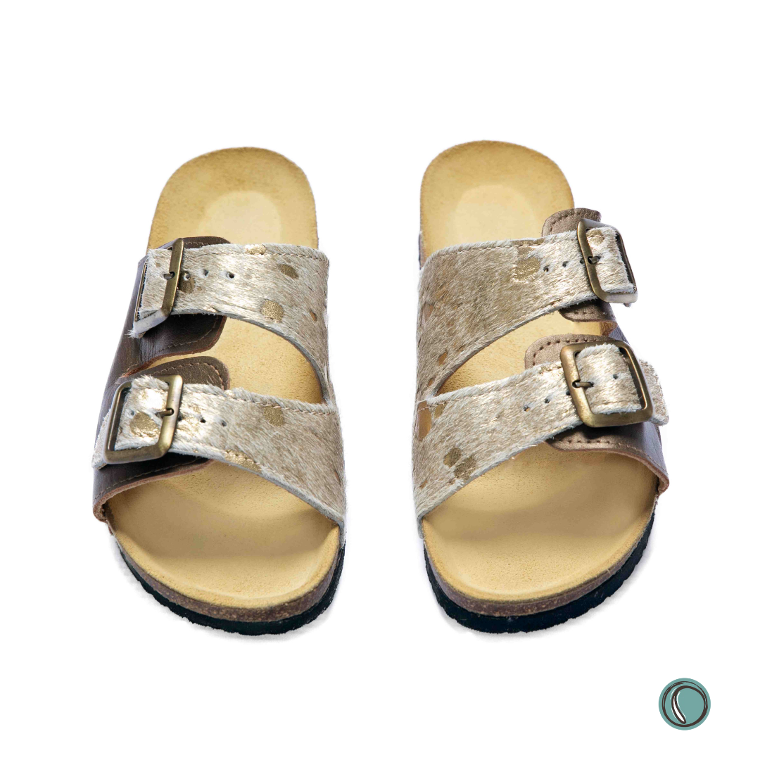 Kenton Sandals | Metallic Gold | Slip-On | Leather, Cork, Buckles | Adjustable Straps | MADE TO ORDER