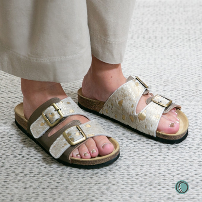 Kenton Sandals | Metallic Gold | Slip-On | Leather, Cork, Buckles | Adjustable Straps | MADE TO ORDER