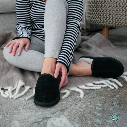 Mule Binding Collar Slippers | Slip-On | Black | Suede & Sheepskin
