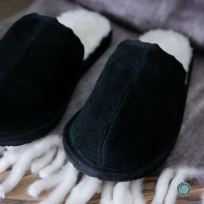 Mule Binding Collar Slippers | Slip-On | Black | Suede & Sheepskin