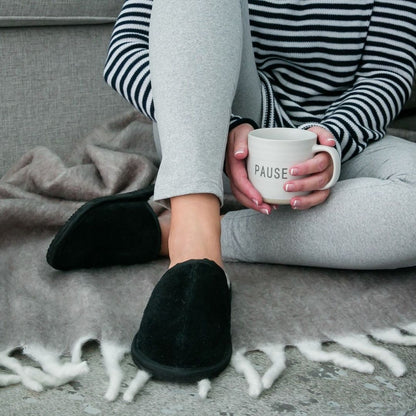 Mule Binding Collar Slippers | Slip-On | Black | Suede & Sheepskin