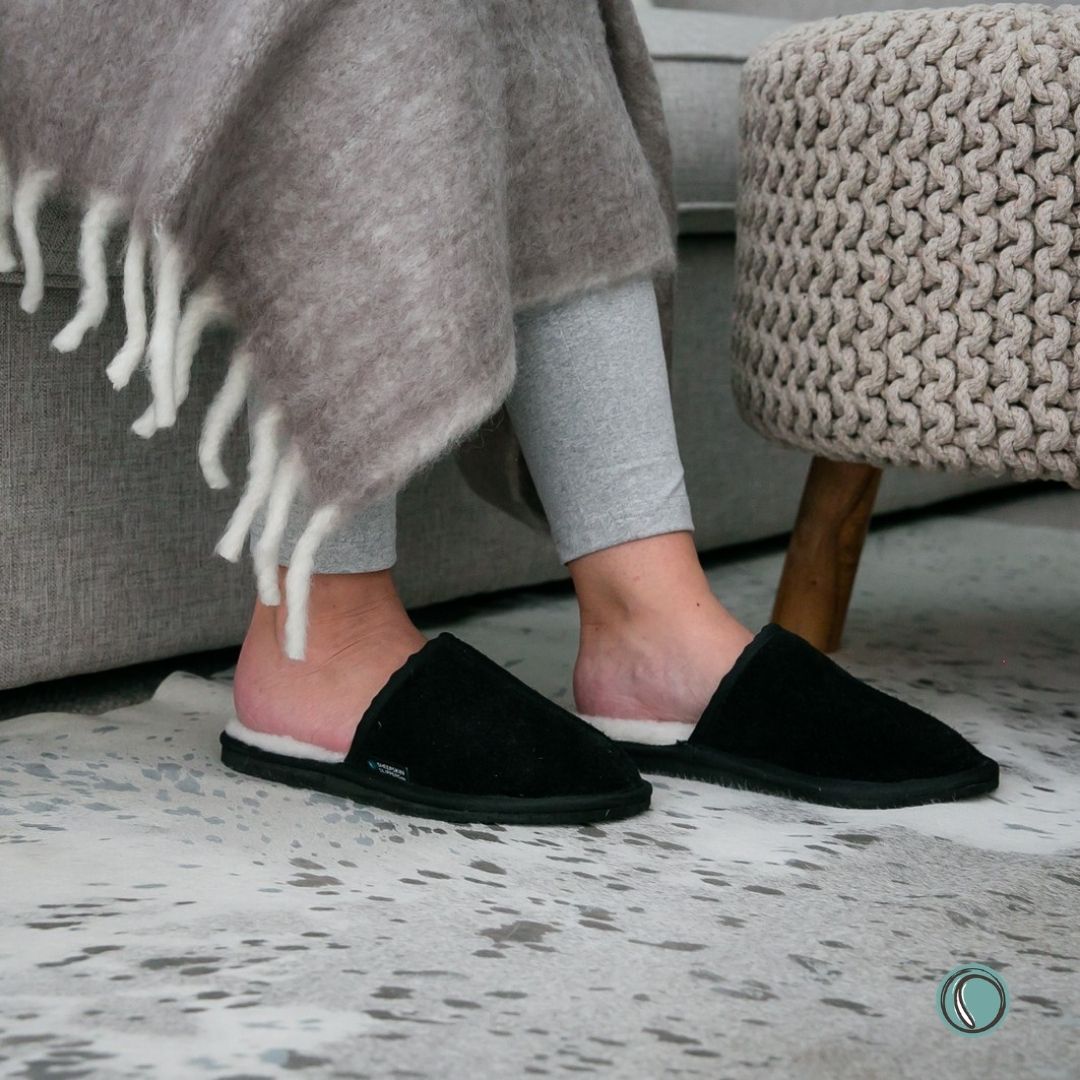 Mule Binding Collar Slippers | Slip-On | Black | Suede & Sheepskin