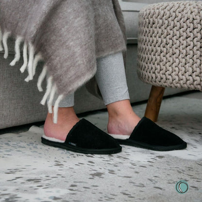 Mule Binding Collar Slippers | Slip-On | Black | Suede & Sheepskin