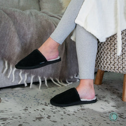 Mule Binding Collar Slippers | Slip-On | Black | Suede & Sheepskin