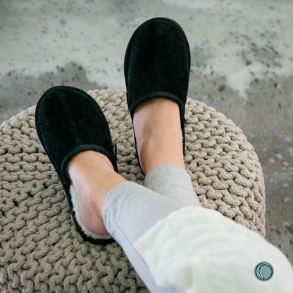Mule Binding Collar Slippers | Slip-On | Black | Suede & Sheepskin