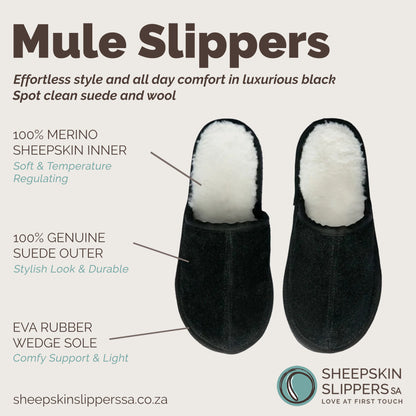 Mule Binding Collar Slippers | Slip-On | Black | Suede & Sheepskin