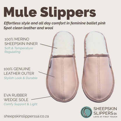 Mule Binding Collar Slippers | Slip-On | Ballet Pink | Leather & Sheepskin