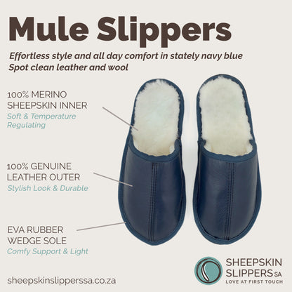 Mule Binding Collar Slippers | Slip-On | Navy Blue | Leather & Sheepskin