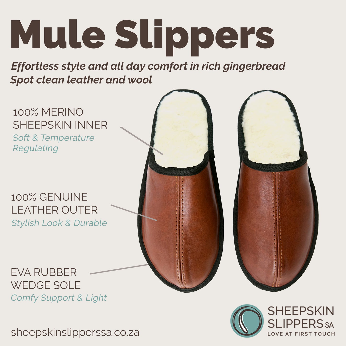 Mule Binding Collar Slippers | Slip-On | Gingerbread | Leather & Sheepskin