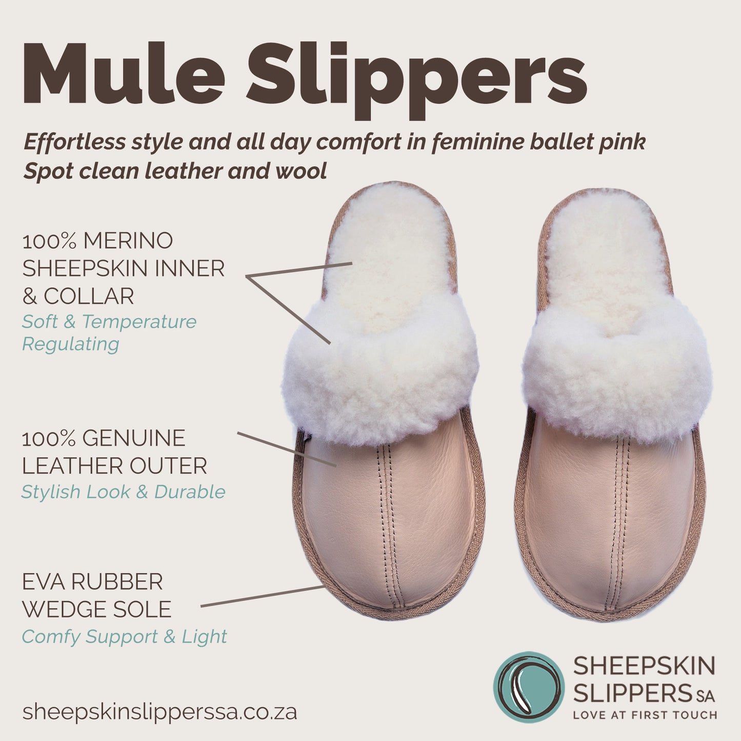 Mule Wool Collar Slipper | Slip-On | Ballet Pink | Leather & Sheepskin