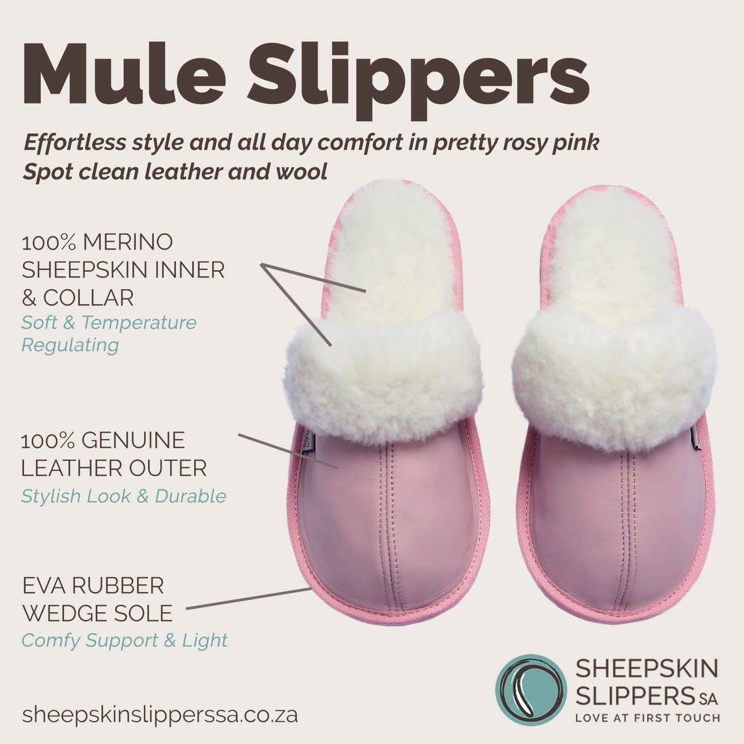 Mule Wool Collar Slippers | Slip-On | Rosy Pink | Leather & Sheepskin
