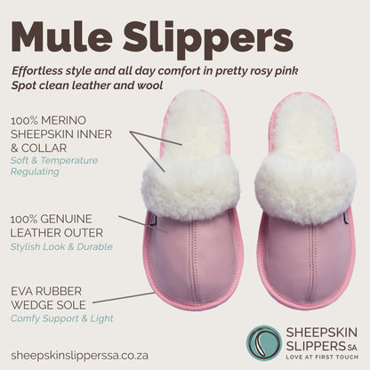 Mule Wool Collar Slippers | Slip-On | Rosy Pink | Leather & Sheepskin