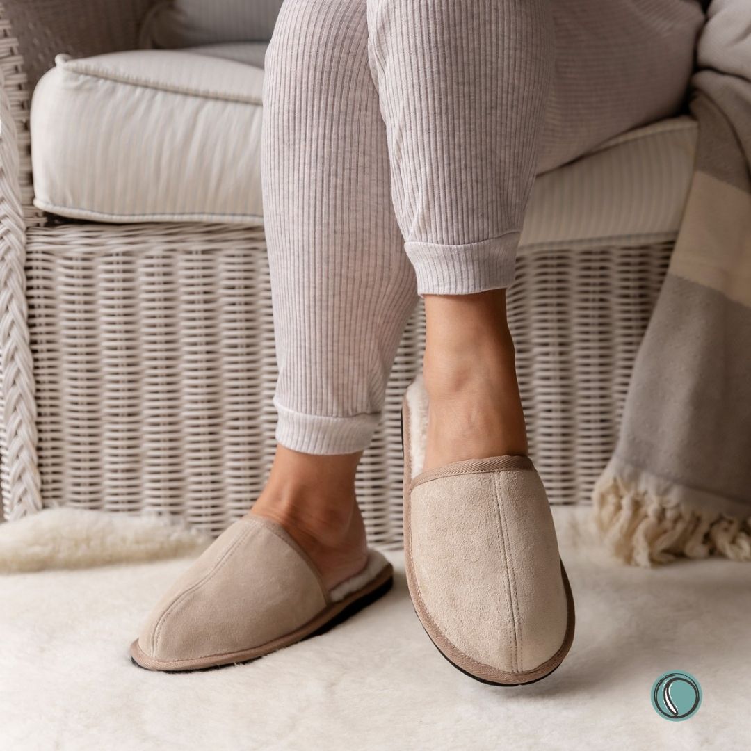 Mule Binding Collar Slippers | Slip-On | Stone | Suede & Sheepskin