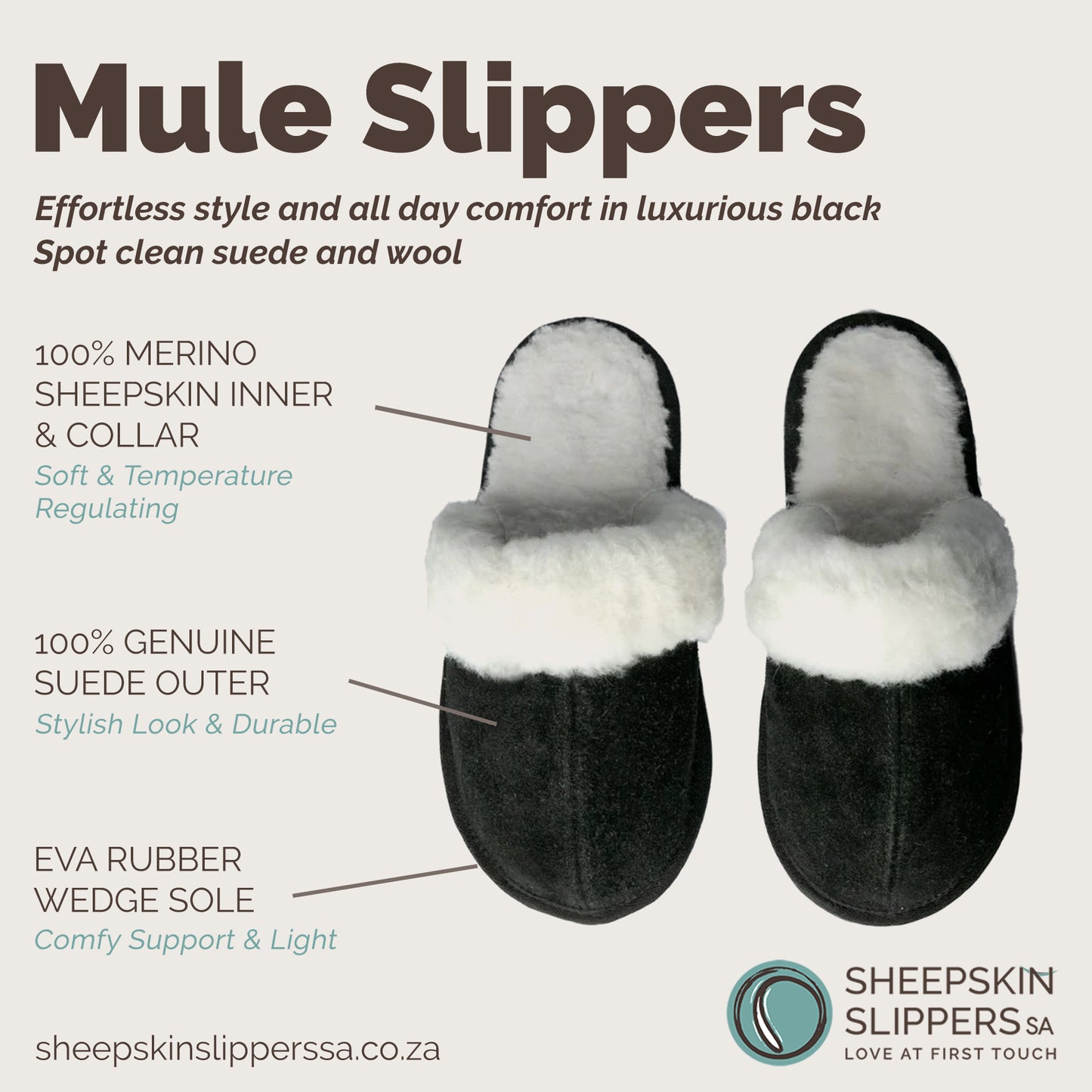 Mule Wool Collar Slippers | Slip-On | Black | Suede & Sheepskin | MADE TO ORDER