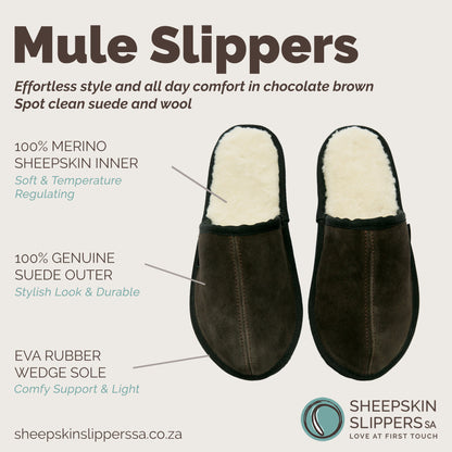 Mule Binding Collar Slippers | Slip-On | Chocolate | Suede & Sheepskin