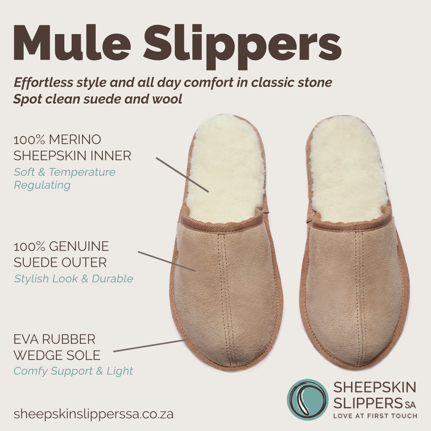 Mule Binding Collar Slippers | Slip-On | Stone | Suede & Sheepskin