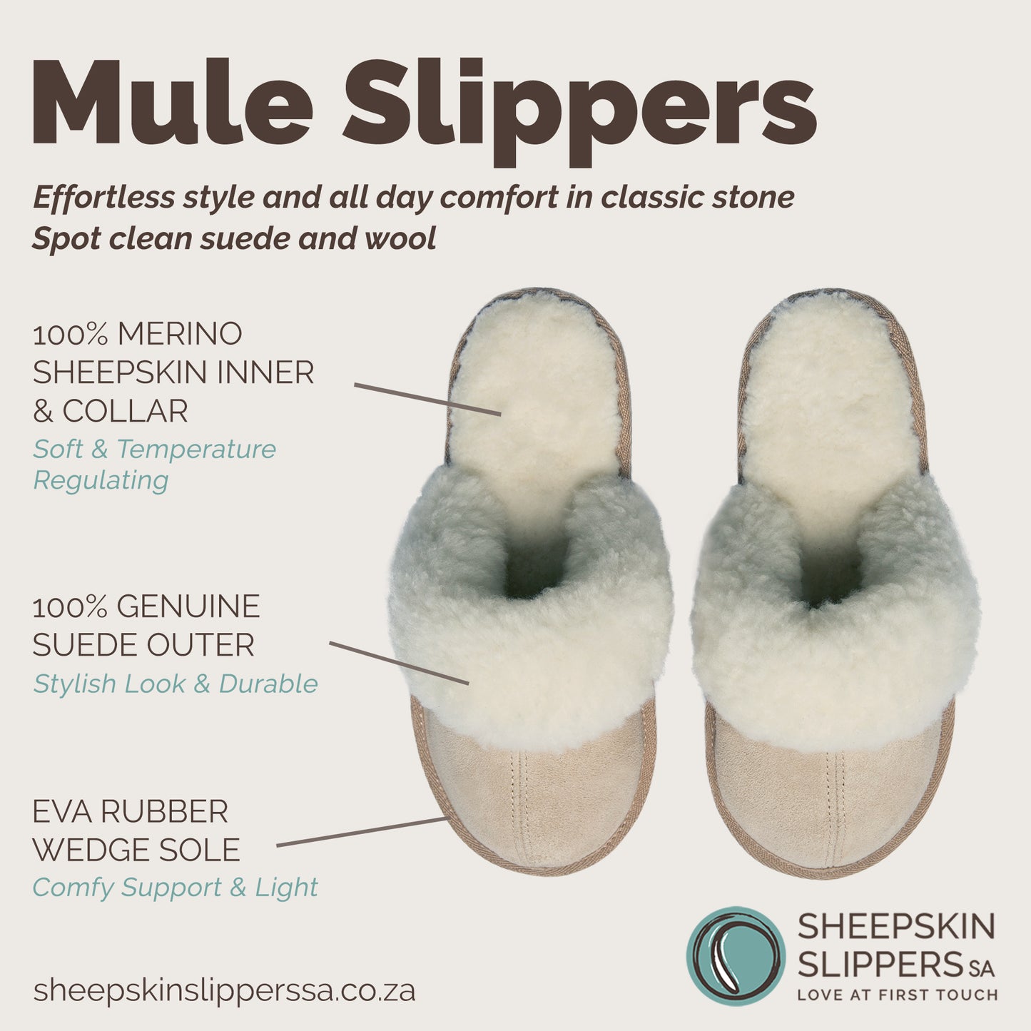 Mule Wool Collar Slippers | Slip-On | Stone | Suede & Sheepskin