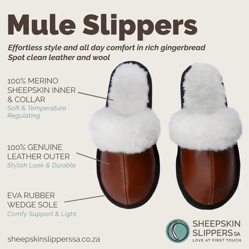 Mule Wool Collar Slippers | Slip-On | Gingerbread | Leather & Sheepskin | MADE TO ORDER