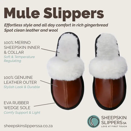Mule Wool Collar Slippers | Slip-On | Gingerbread | Leather & Sheepskin | MADE TO ORDER