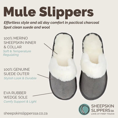 Mule Wool Collar Slippers | Slip-On | Charcoal | Suede & Sheepskin | MADE TO ORDER