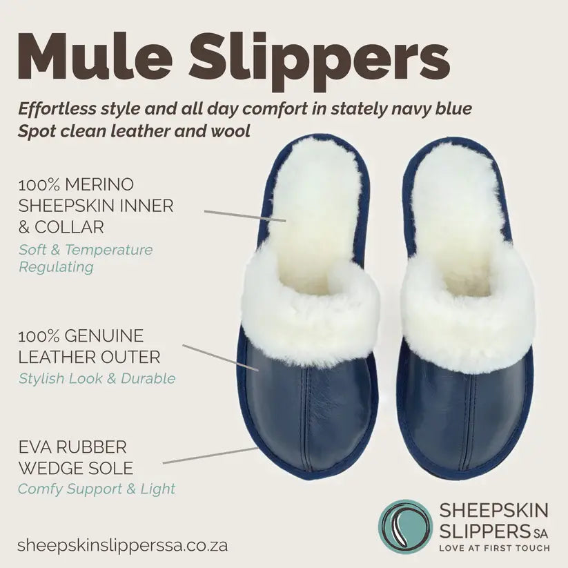 Mule Wool Collar Slippers | Slip-On | Navy Blue | Leather & Sheepskin | MADE TO ORDER