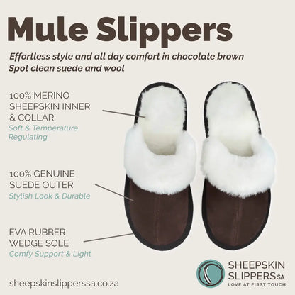 Mule Wool Collar Slippers | Slip-On | Chocolate | Suede & Sheepskin | MADE TO ORDER