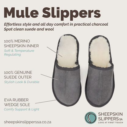 Mule Binding Collar Slippers | Slip-On | Charcoal | Suede & Sheepskin