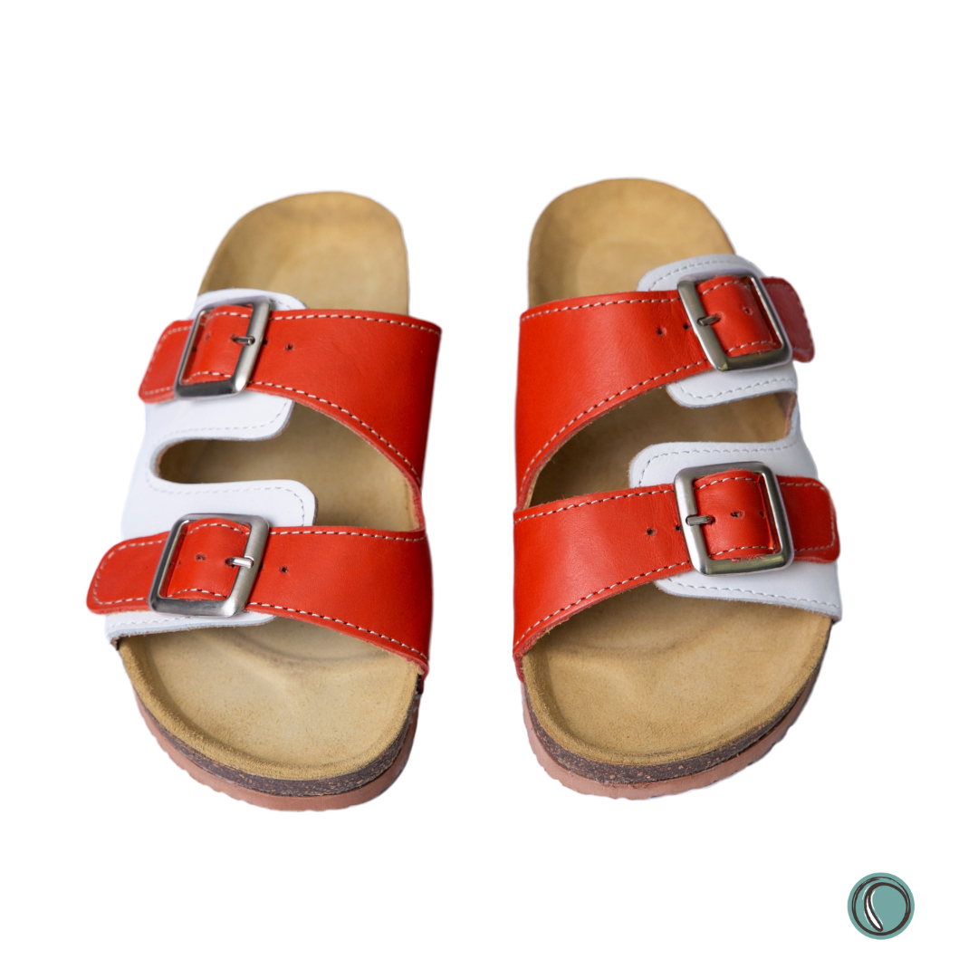 Kenton Sandals | Orange & White | Slip-On | Leather, Cork, Buckles | Adjustable Straps | MADE TO ORDER