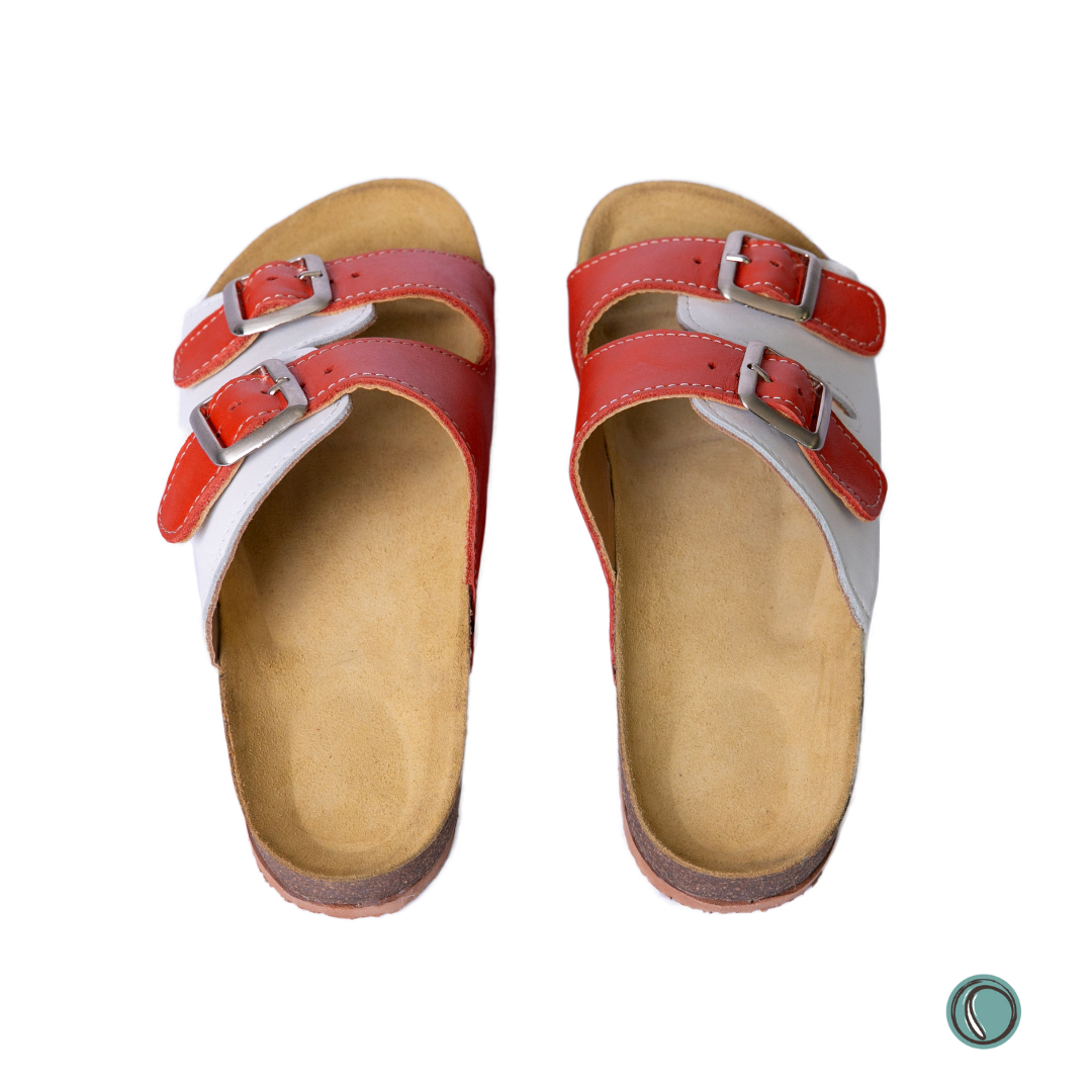Kenton Sandals | Orange & White | Slip-On | Leather, Cork, Buckles | Adjustable Straps | MADE TO ORDER