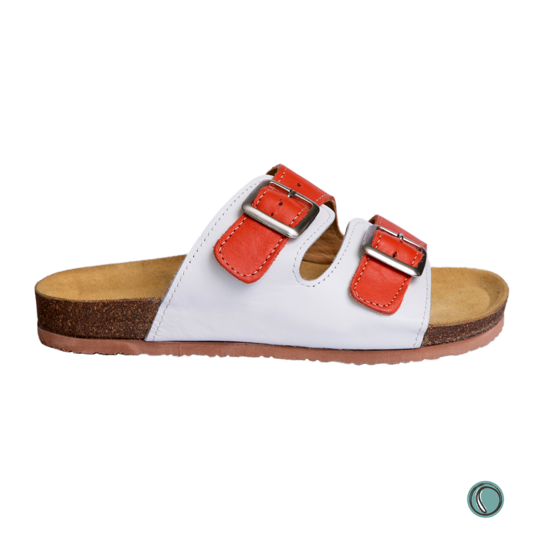 Kenton Sandals | Orange & White | Slip-On | Leather, Cork, Buckles | Adjustable Straps | MADE TO ORDER