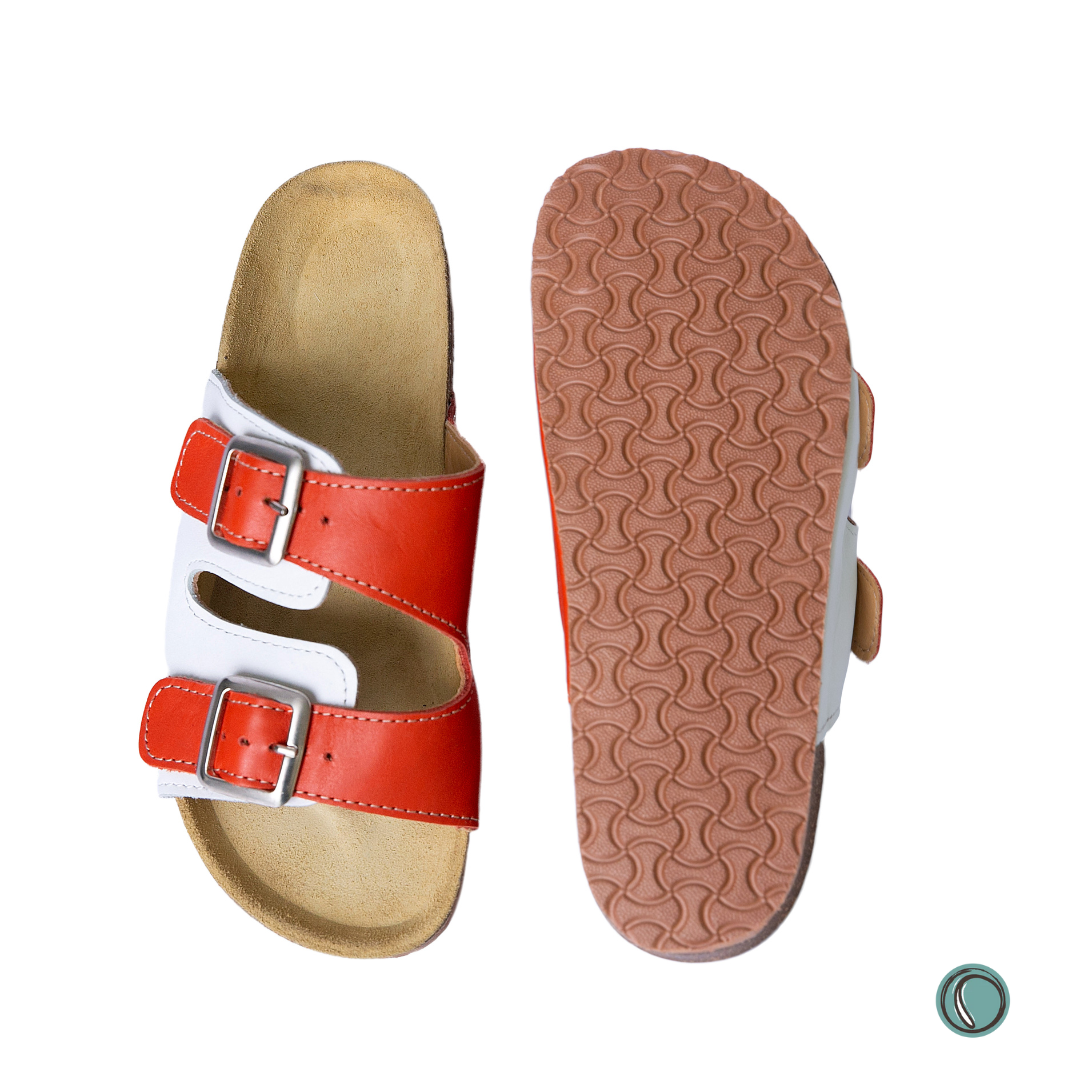 Kenton Sandals | Orange & White | Slip-On | Leather, Cork, Buckles | Adjustable Straps | MADE TO ORDER