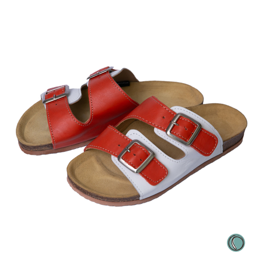 Kenton Sandals | Orange & White | Slip-On | Leather, Cork, Buckles | Adjustable Straps | MADE TO ORDER