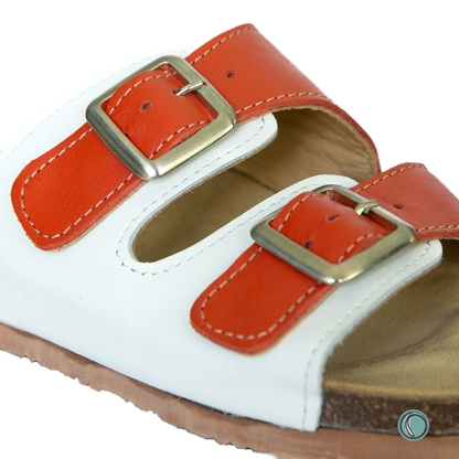 Kenton Sandals | Orange & White | Slip-On | Leather, Cork, Buckles | Adjustable Straps | MADE TO ORDER